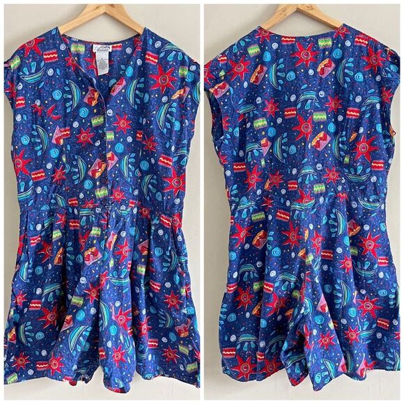 VINTAGE 90’s beach starfish sailboat swirl cosmic retro button cotton romper - Picture 1 of 10